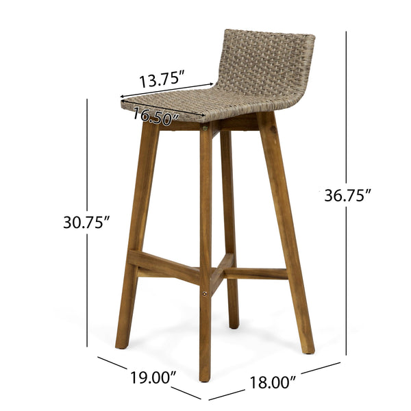 English Elm Christopher Knight Home® - LA La Brea Acacia Wood & Wicker Barstool Set of 2 — Outdoor Faux Rattan Seats with Iron X-Stretcher Frame Brown 65431.00LBRN