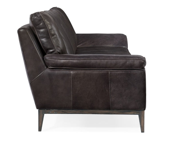 Hooker Furniture K&Or Debonair Graphite Leather Stationary Sofa With Vertical Channeling, Angular Arms & Dark Wood Base SS604-03-097