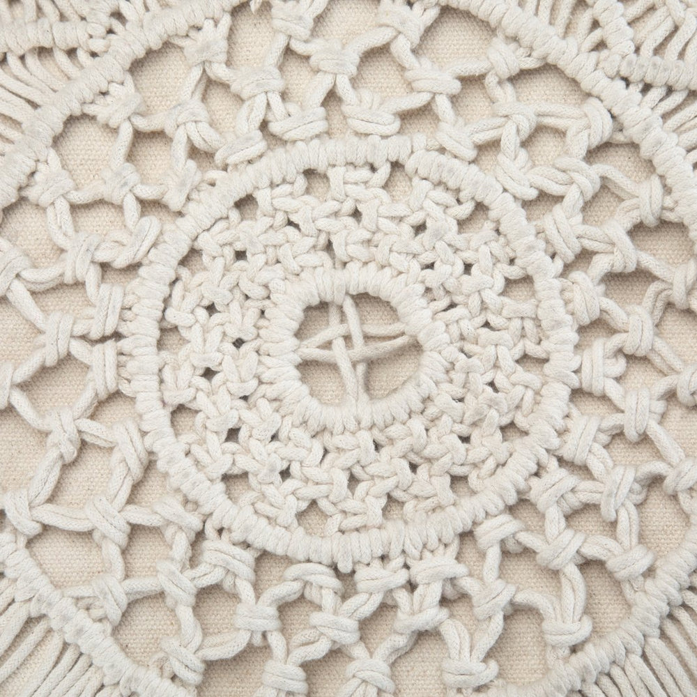 English Elm Coates Round Macrame Pouf in Natural White - Handcrafted Cotton, Supportive Polystyrene Fill, Versatile Accent Seat B136P159319