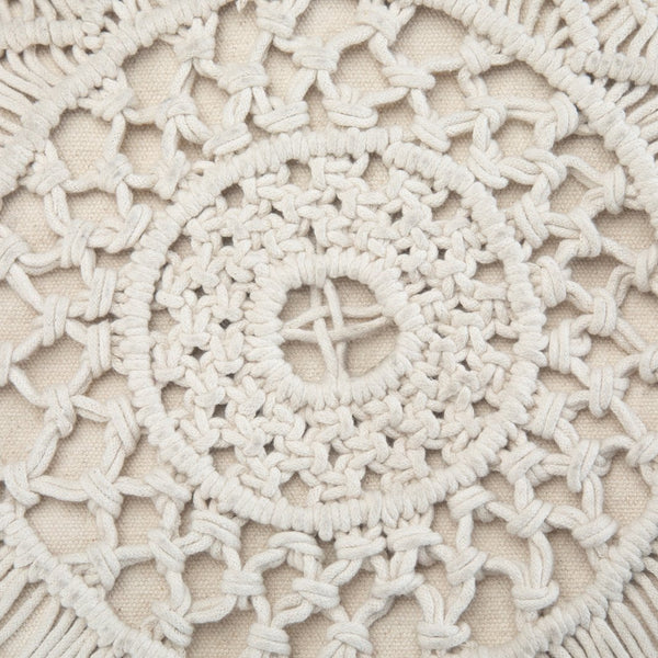 English Elm Coates Round Macrame Pouf in Natural White - Handcrafted Cotton, Supportive Polystyrene Fill, Versatile Accent Seat B136P159319