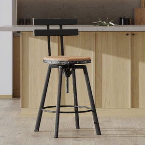 English Elm Christopher Knight Home® - METAL Barstool with Antique Firwood Seat and Black Brush Silver Frame — Rustic Chic Kitchen Seating 60164.00