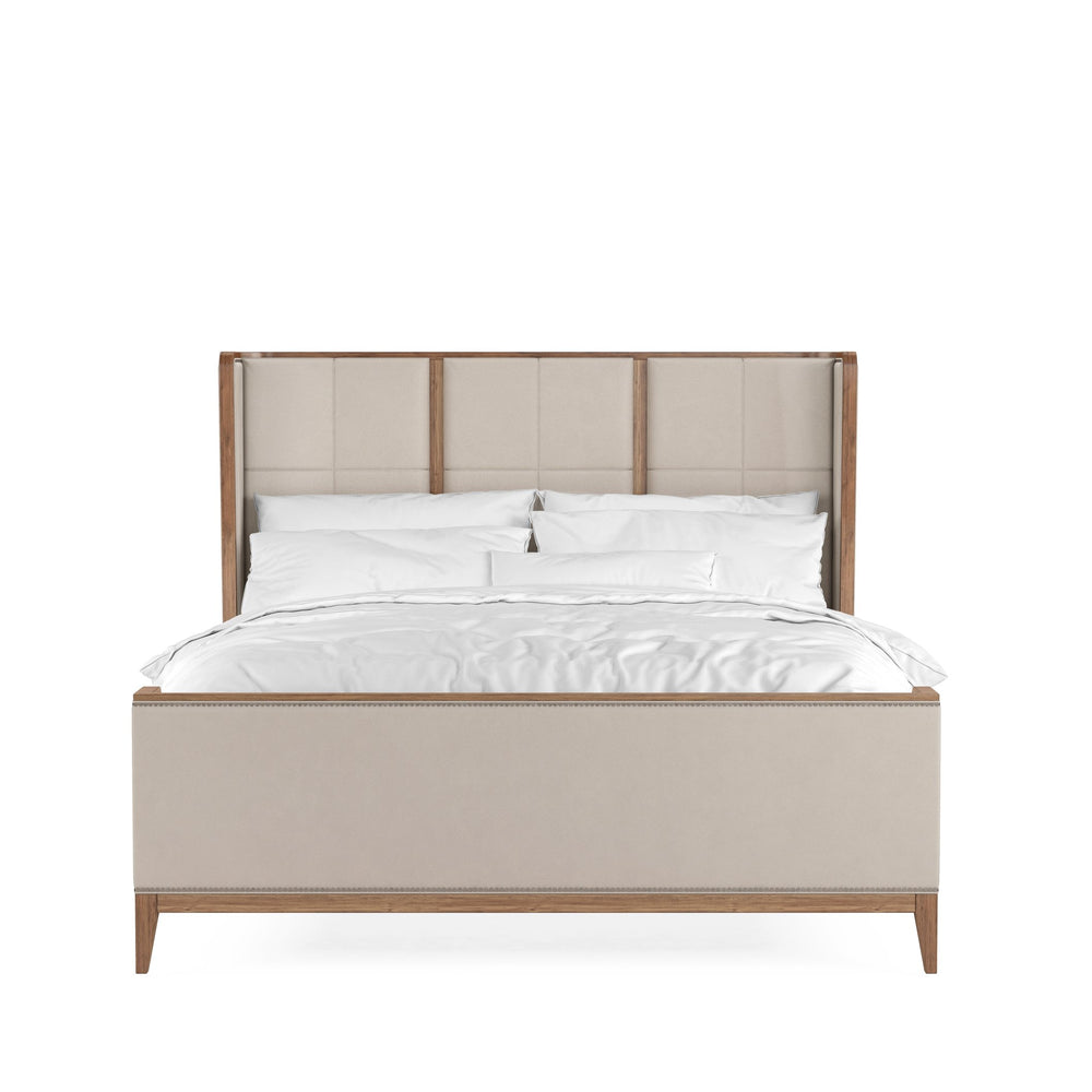A.R.T. Furniture Passage California King Upholstered Bed In Natural Oak - Luxurious Velvet, Transitional Style Design Beige, Brown Ash Solids,Knotty Oak Veneers,Foam,Fabric,Metal 287147-2302