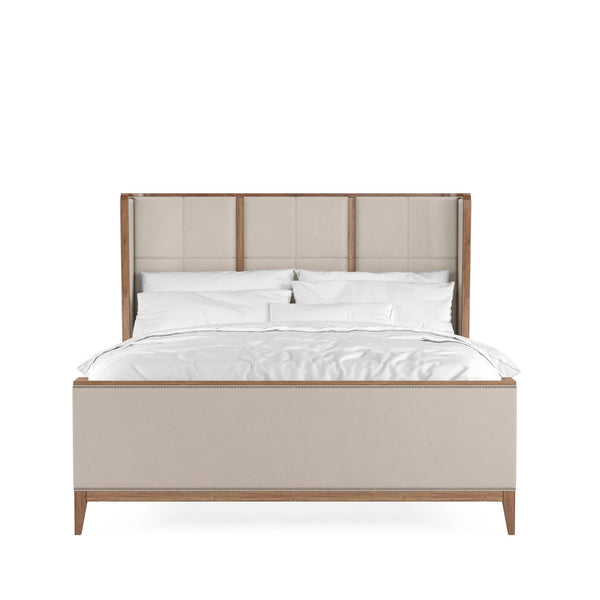 A.R.T. Furniture Passage California King Upholstered Bed In Natural Oak - Luxurious Velvet, Transitional Style Design Beige, Brown Ash Solids,Knotty Oak Veneers,Foam,Fabric,Metal 287147-2302