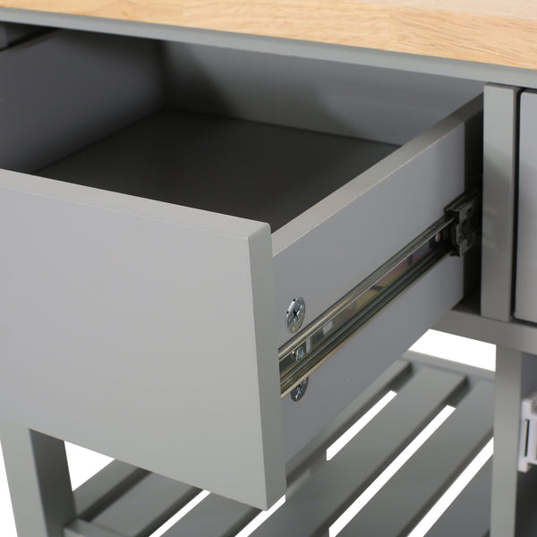 English Elm Christopher Knight Home® - Kitchen Island Cart with Rubberwood Top, Grey Mobile Kitchen Cart on Wheels with Cabinet, Hooks and Drawers 67755.00NATGRY