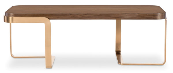 Hooker Furniture Eleana Walnut Cocktail Table With Sunlit Bronze Sculptural Base, Soft Rounded Rectangular Top 7252-80310-85