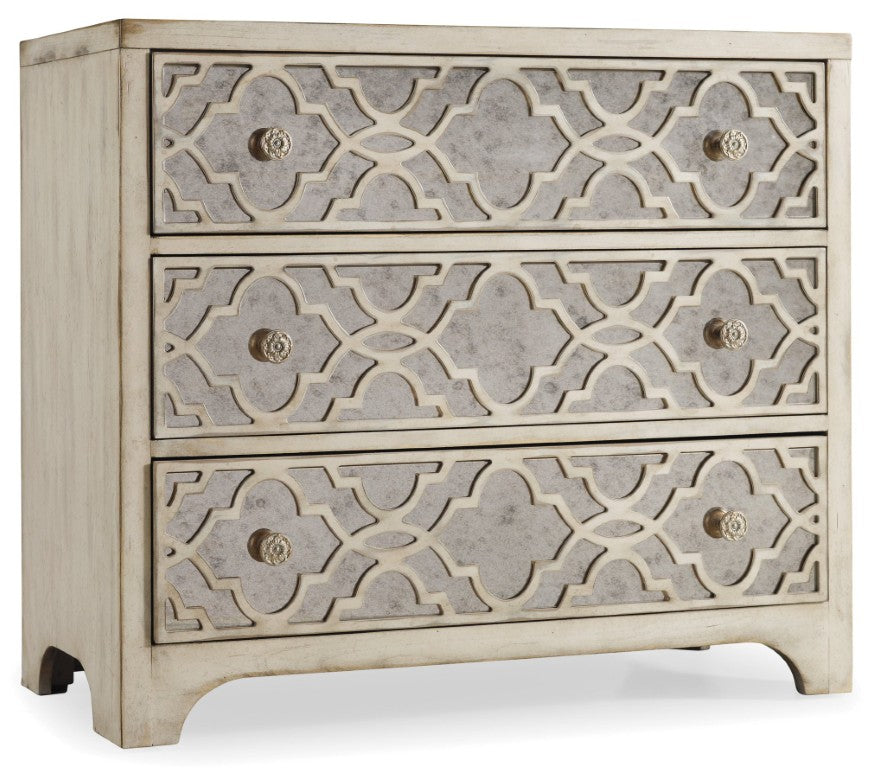 Hooker Furniture Sanctuary Pearl Essence Fretwork Chest With Antique Mirror Insets, Cedar-Lined Drawer, Elegant Storage 3023-85001