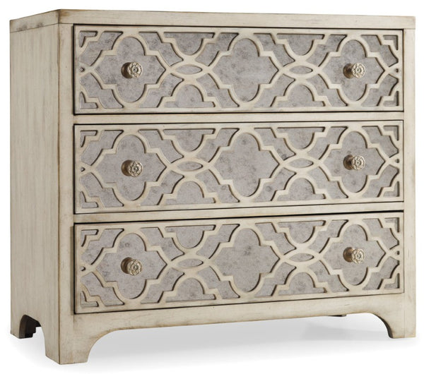Hooker Furniture Sanctuary Pearl Essence Fretwork Chest With Antique Mirror Insets, Cedar-Lined Drawer, Elegant Storage 3023-85001