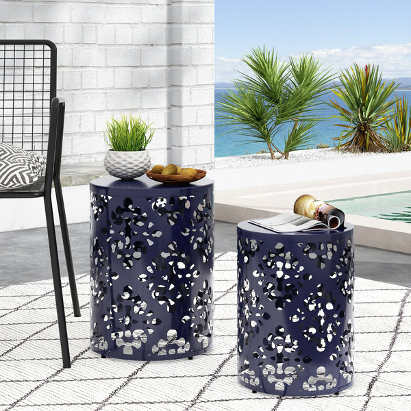 English Elm Metal Nesting End Table Set of Two with Floral Iron Cut Design for Living Room Navy Blue 73604.00NBLU