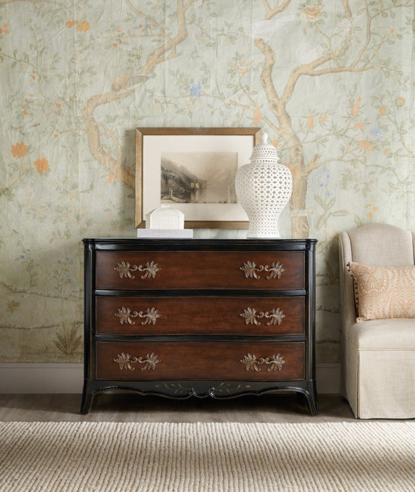 Hooker Furniture Charleston Serpentine Three-Drawer Accent Chest In Two-Tone Black & Maraschino Cherry With Antique Bronze Pulls 6750-85002-00