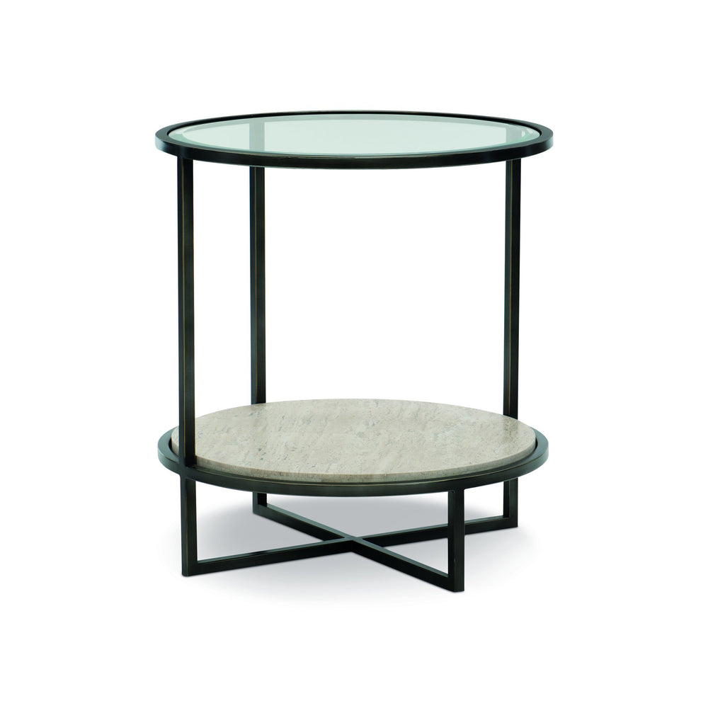 Bernhardt Bernhardt Harlow Metal Round Chairside Table With Tempered Glass Top & White Travertine Shelf, Oil-Rubbed Bronze Finish 514122