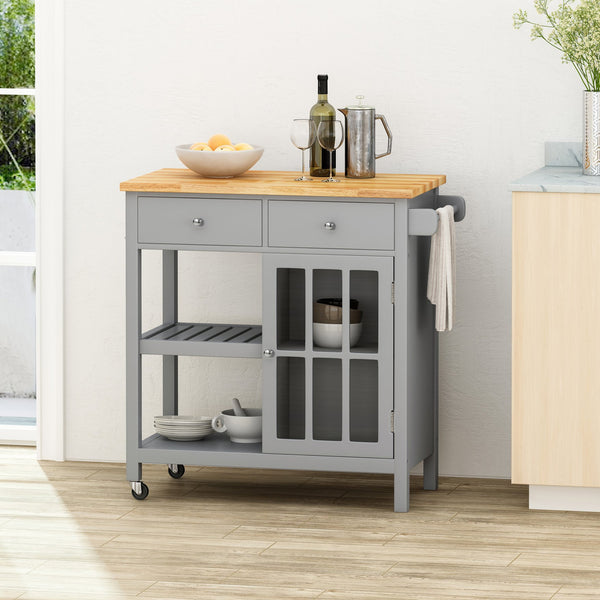 English Elm Christopher Knight Home® - Kitchen Island Cart with Rubberwood Top, Grey Mobile Kitchen Cart on Wheels with Cabinet, Hooks and Drawers 67755.00NATGRY