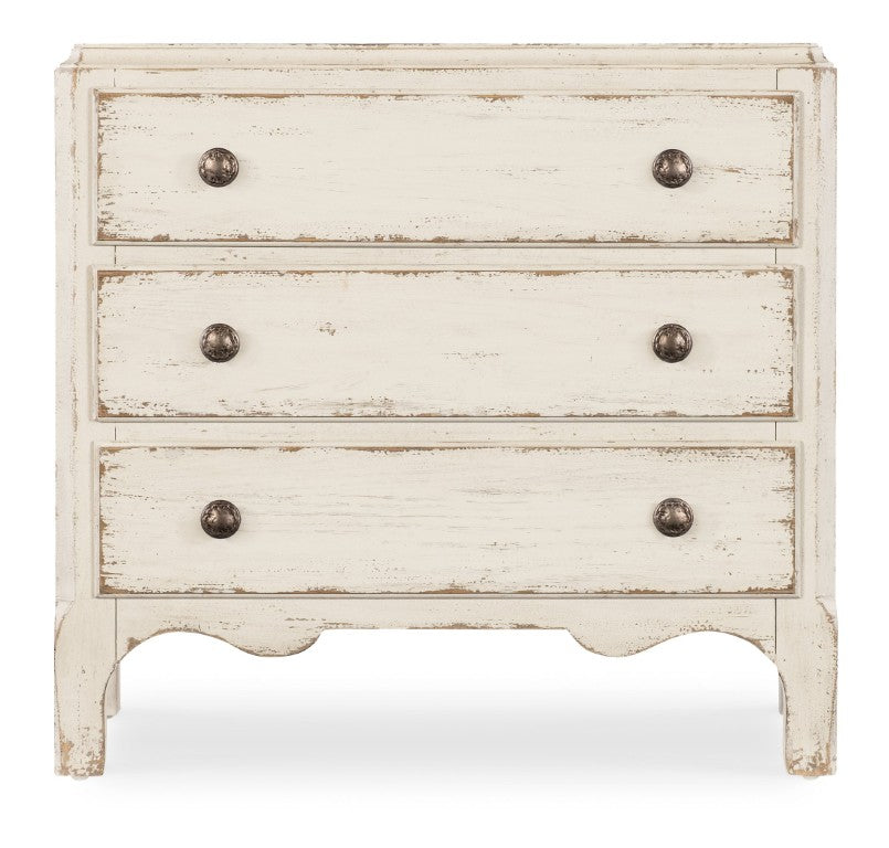 Hooker Furniture Americana Vintage-Inspired Three-Drawer Nightstand With Distressed Oak Finish, Scalloped Base & Bronze Hardware Whites/Creams/Beiges 7050-90015-02