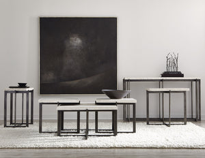 Bernhardt Bernhardt Hathaway Console Table With White Travertine Top And Oil‑Rubbed Bronze Tubular Base, 57.25"W 510911