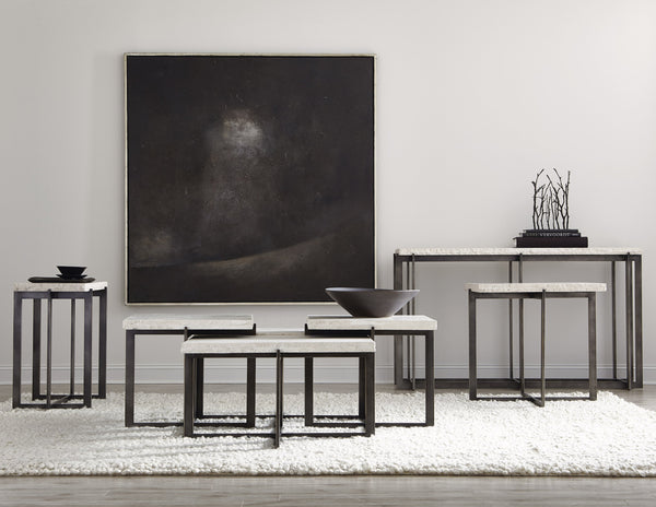 Bernhardt Bernhardt Sculptural Mid-Century Cocktail Table With White Travertine Top And Cross Steel Base Elegan Bronze 22.25"W x 22.25"D x 19.5"H 510011