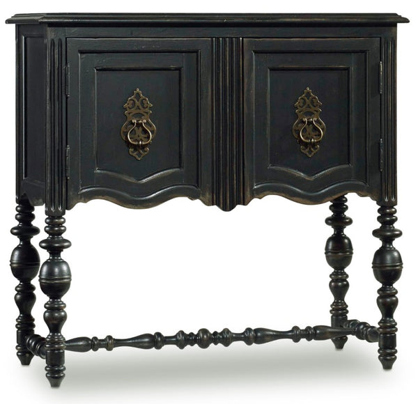 Hooker Furniture Chest Black Hand-Painted Distressed Console With Turned Legs, Ring Pulls & Adjustable Shelf For Entryway 500-50-904