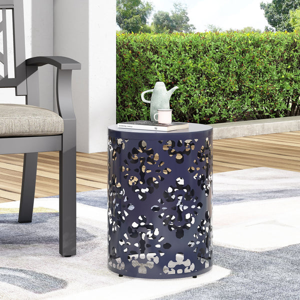 English Elm Outdoor Iron Accent Table Laser Cut Floral Cylinder Design for Patio or Balcony Navy Blue 73605.00NBLU