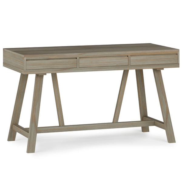 English Elm Bowman Handcrafted Flip-Up Desk in Distressed Grey with USB Power, 3 Drawers, Trestle Base, 54"W B136P158491