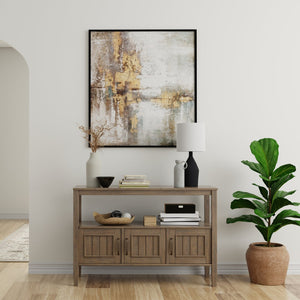 English Elm Lev Smoky Brown Console Table with 3 Doors, Open Shelf & Brushed Bronze Handles — Solid Wood Transitional Design B136P158815