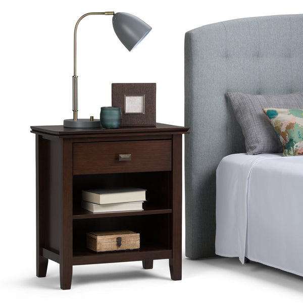 English Elm Artisan Russet Brown Bedside Table - Handcrafted Solid Wood, Drawer & Shelf, Transitional Design B136P159475