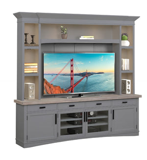 Parker House Americana Modern - Dove 92 In. TV Console with Hutch Back Panel and LED Lights Dove with Weathered Natural Top Poplar Solids / Birch Veneers with Oak Top AME#92-4-DOV