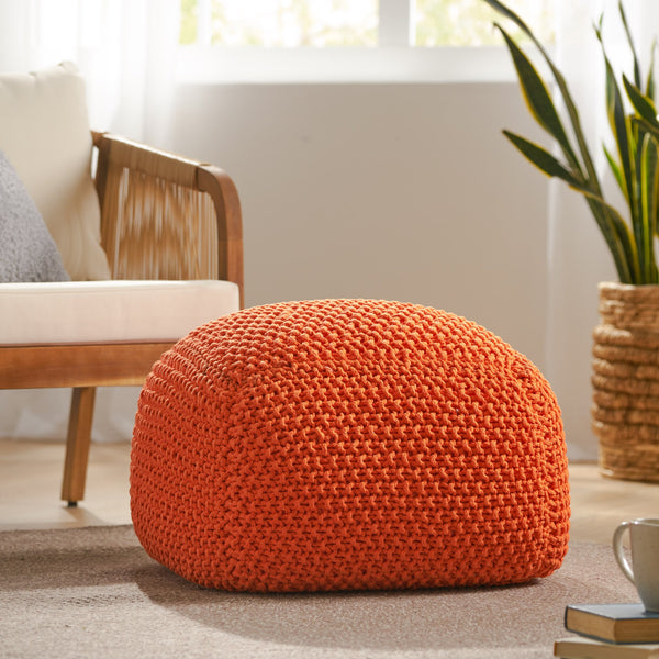 English Elm Christopher Knight Home® - Hollis Handcrafted Knitted Cotton Pouf Cube - 100% Cotton Orange Ottoman, Cozy Accent Seat 20x16 62658.00ORG
