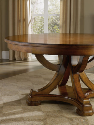 Hooker Furniture Tynecastle Round Pedestal Dining Table — Rustic Chestnut 60" To 78" With 18" Leaf, Barn-Rafter Base 5323-75206