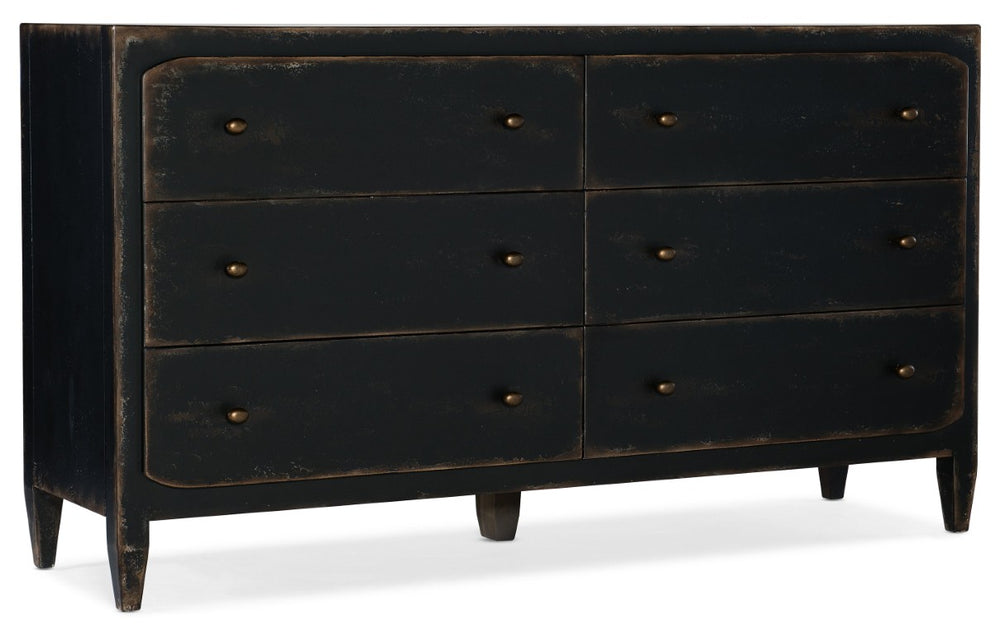 Hooker Furniture Ciao Rustic European Farmhouse Six-Drawer Dresser In Distressed Black With Brass Hardware & Cedar Lined 5805-90002-99