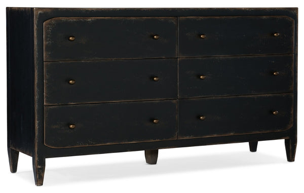 Hooker Furniture Ciao Rustic European Farmhouse Six-Drawer Dresser In Distressed Black With Brass Hardware & Cedar Lined 5805-90002-99