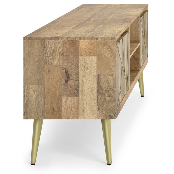 English Elm Jager Mango Wood TV Media Stand 60" Natural with Geometric Brass Inlay, Soft-Close Cabinets & Mid-Century Flair B136P158754