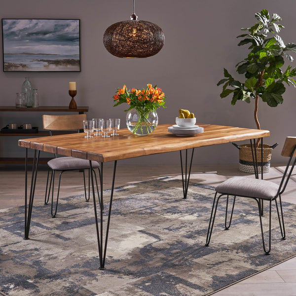 English Elm Christopher Knight Home® - ZION Teak Industrial Wood & Metal Rectangular Dining Table with Live Edge, Hairpin Legs, Durable Finish 64486.00