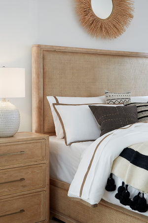 Hooker Furniture Retreat Raffia Panel Bed In Dune Finish — California King Cane Inset, Driftwood Texture, Coastal Zen 94.25 L x 80.00W x 68.00H 6950-90260-80