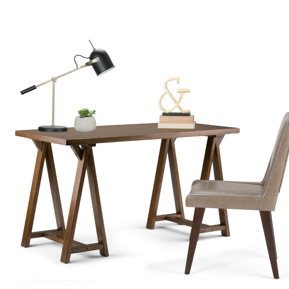 English Elm Sawhorse Writing Desk - Handcrafted Solid Wood In Medium Saddle Brown - Perfect For Home Office Use B136P158234-GIGA