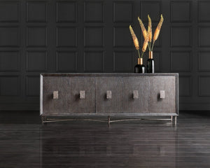 Hooker Furniture Melange Woven-Effect Five Door Credenza With Silver Metal Base, Ventilated Media Storage, 90" 628-85106-96