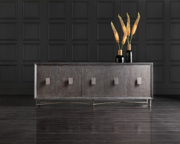 Hooker Furniture Melange Woven-Effect Five Door Credenza With Silver Metal Base, Ventilated Media Storage, 90" 628-85106-96