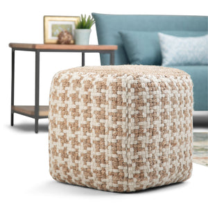 English Elm Cullen Handcrafted Cube Pouf in Natural Beige – Woven Cotton, Wool & Jute, Supportive Dense Fill, Versatile Accent Seat B136P159297