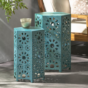 English Elm Eliana Outdoor Iron Nesting Side Tables with Sunburst Cutout and Crackle Finish Patio Accent Set Teal 69740.00CT