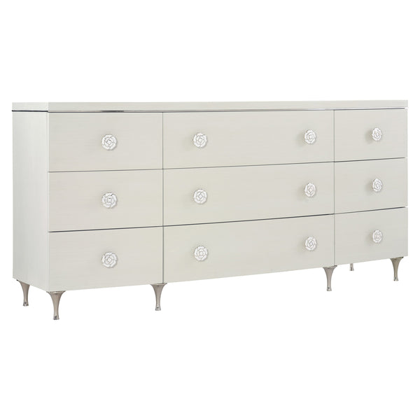 Bernhardt Bernhardt Silhouette Dresser With 9 Soft-Close Drawers, Eggshell Finish, Polished Steel & Kabebe Shell Accents 307054
