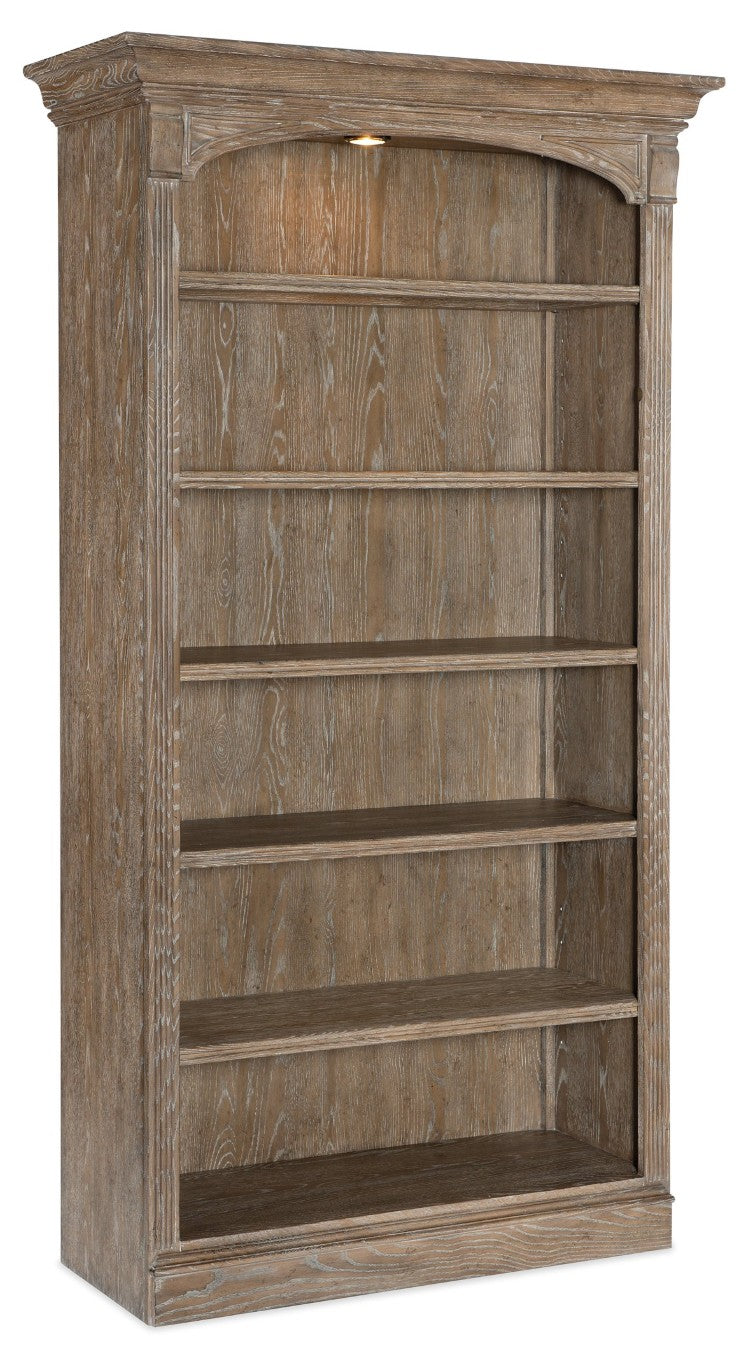 Hooker Furniture Sutter Distressed Oak Bookcase With Glass Shelf, Touch-Activated Lighting, Adjustable Shelves — Classic Appeal 5981-10445-80
