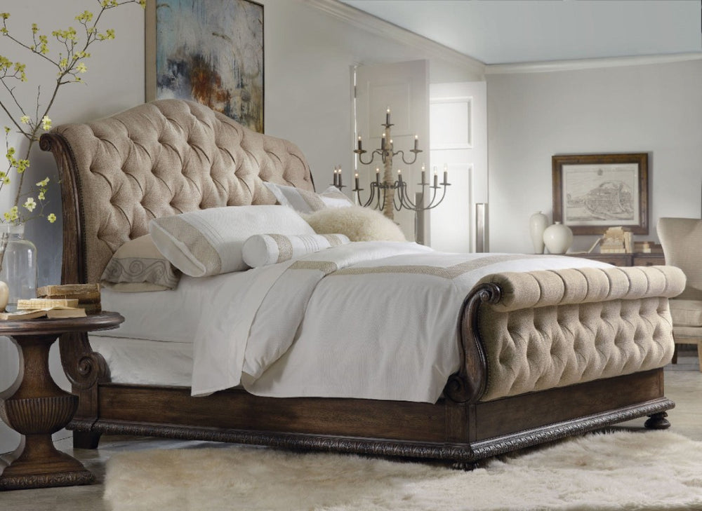 Hooker Furniture Rhapsody King Tufted Bedframe With Aurora Ecru Upholstery, Walnut Rustic Finish & Carved Acanthus Details 5070-90566