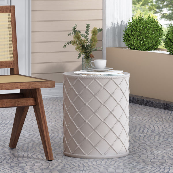 English Elm End Table Cylindrical Concrete Side with Nautical Rope Texture for Indoor Outdoor Use 73435.00