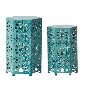 English Elm Eliana Outdoor Iron Nesting Side Tables with Sunburst Cutout and Crackle Finish Patio Accent Set Teal 69740.00CT