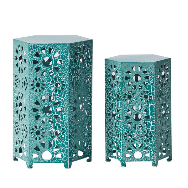 English Elm Eliana Outdoor Iron Nesting Side Tables with Sunburst Cutout and Crackle Finish Patio Accent Set Teal 69740.00CT