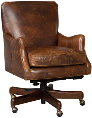 Hooker Furniture Barker Executive Swivel Tilt Chair In Imperial Empire Aniline Leather With Natchez Brown Wood Base, Luxurious Comfort And Ergonomic Adjustability Medium Brown EC438-089