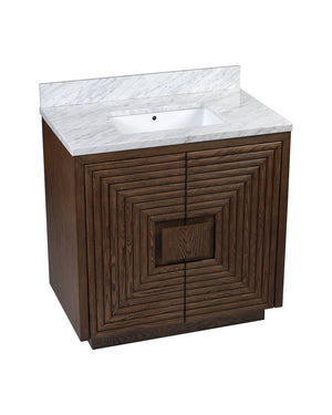 Currey & Company Morombe 36" Distressed Cocoa Marble Vanity With Rectangular Undermount Sink & Smart Storage Solutions Brown Oak Solids & Veneers ,Carrara Marble ,Vitreous China 3800-0012-currey-company