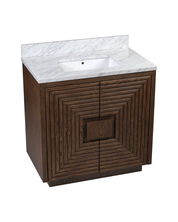 Currey & Company Morombe 36" Distressed Cocoa Marble Vanity With Rectangular Undermount Sink & Smart Storage Solutions Brown Oak Solids & Veneers ,Carrara Marble ,Vitreous China 3800-0012-currey-company