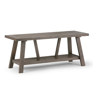 English Elm Dylan Driftwood Entryway Bench — Handcrafted Solid Wood, Trestle Support, 2-Seat, Shelf, Modern Industrial Design B136P158142