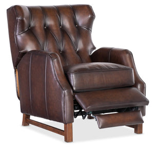 Hooker Furniture Henderson Semi-Aniline Leather Push-Back Recliner With Wing Back, Button Tufting And Wood Base Brown RC806-PB-088