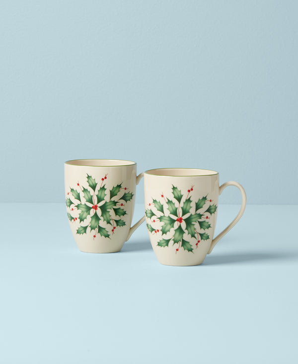 Lenox Hosting The Holidays 2-Piece Holly Mug Set Red & Green, IVORY PORCELAIN 870002