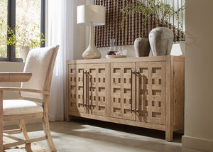 Hooker Furniture Vineyard Rustic Sonoma Buffet With Pecky Hickory & Travertine Top, Fretwork Doors, Soft-Close Drawers 6952-75900-80