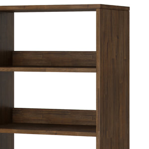 English Elm Chase Rustic Tall Bookcase in Aged Brown Acacia Wood with 4 Open Shelves, Drawer & Iron Legs B136P158525